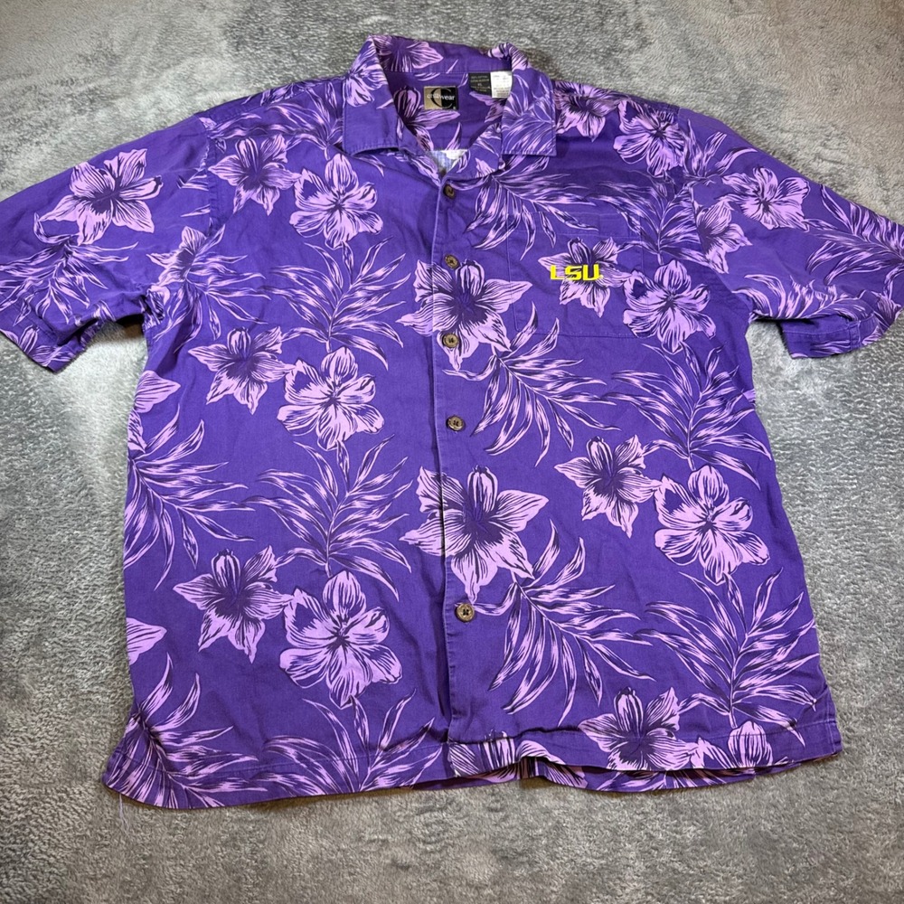 Chiliwear LSU Tigers Hawaiian Shirt Mens XL Purple Floral Hibiscus Button Down